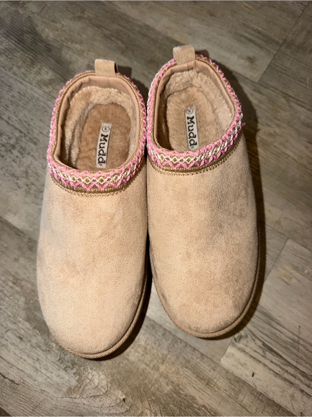 Mudd Tan Suede-Look Slip-On Clogs with Pink Trim